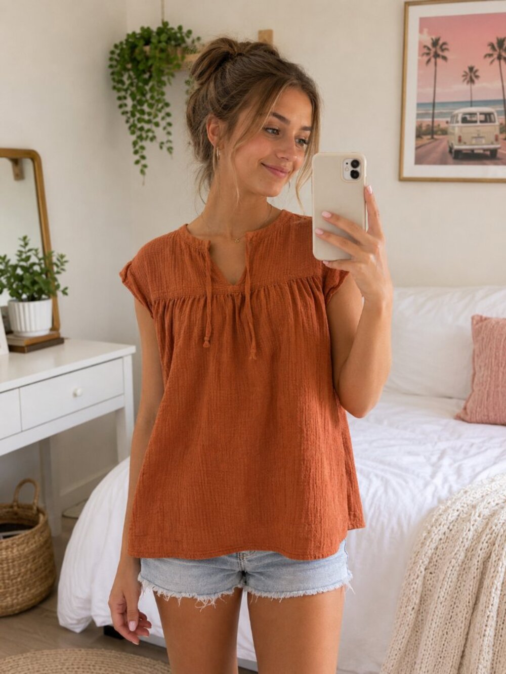 Copper Key Orange Smocked Tunic with Cap Sleeves (B)